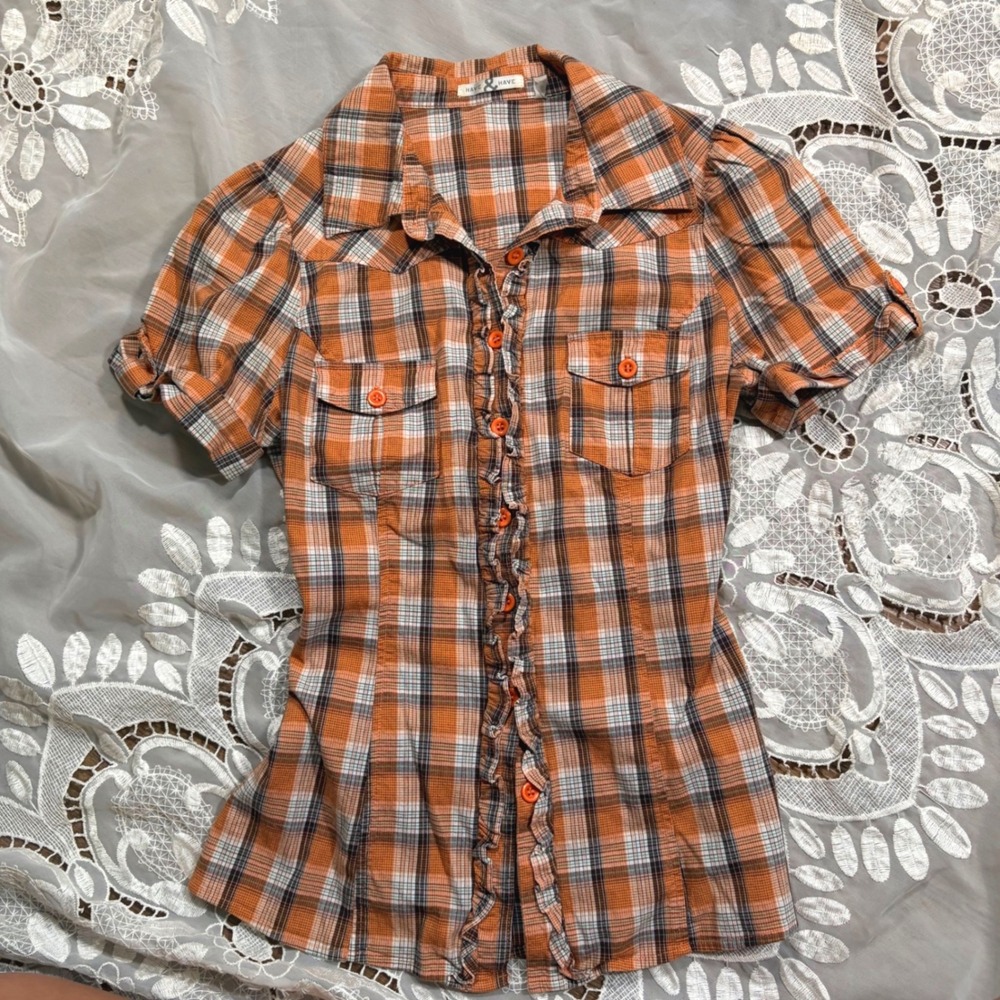 Y2K Fall Office Orange Brown Plaid Ruffle Front Short Sleeve Top M